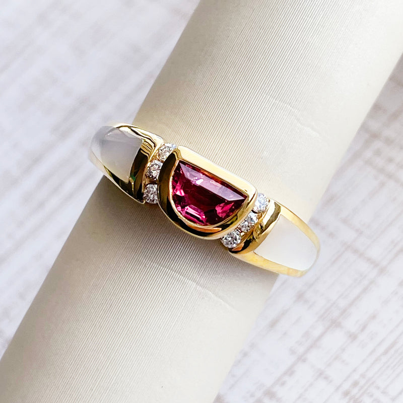 Estate 14K Yellow Gold Designer Ring with Bezel-Set Pink Tourmaline & Mother of Pearl