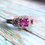 Estate 14K White Gold Radiant Cut Pink Sapphire Halo Ring