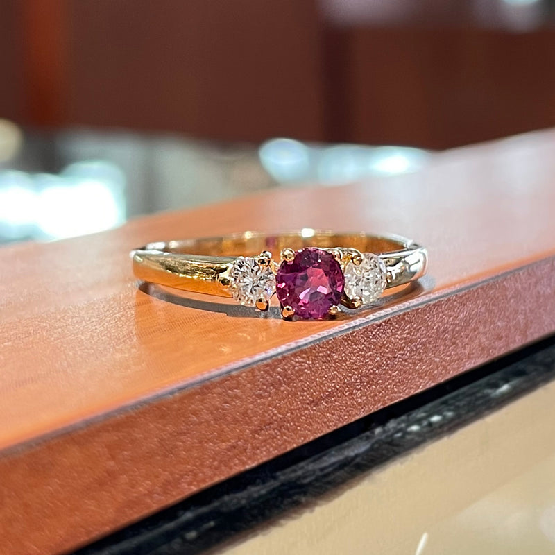 Estate 14k Yellow Gold Three-Stone Pink Sapphire and Diamond Ring