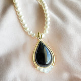 Estate 14K Yellow Gold Black Onyx & Mother of Pearl Enhancer on Freshwater Pearl Strand