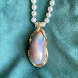 Estate 14k yellow gold Tahitian Mabé Pearl Enhancer Pendant with Diamond Accents on AAA Pearl Strand