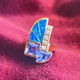 Estate 14K Yellow Gold Geometric Tanzanite, Diamond & Inlay Opal Ring