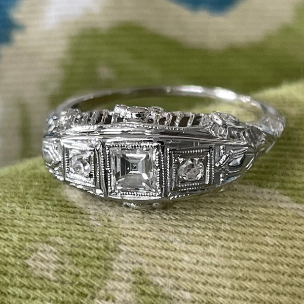 ESTATE 14K WHITE GOLD ART DECO INSPIRED FILIGREE RING