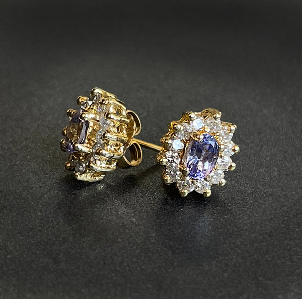 ESTATE 14K YELLOW GOLD TANZANITE AND DIAMOND EARRINGS