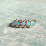 Estate 14K Yellow Gold Round Opal & Mine Cut Diamond Ring