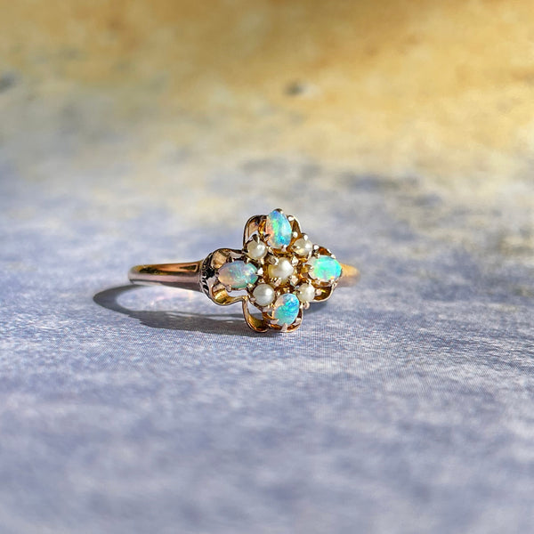 Estate 8K Yellow Gold Oval Opal & Seed Pearl Rin