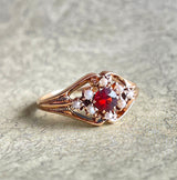 ESTATE 10K YELLOW GOLD GARNET AND SEED PEARL RING