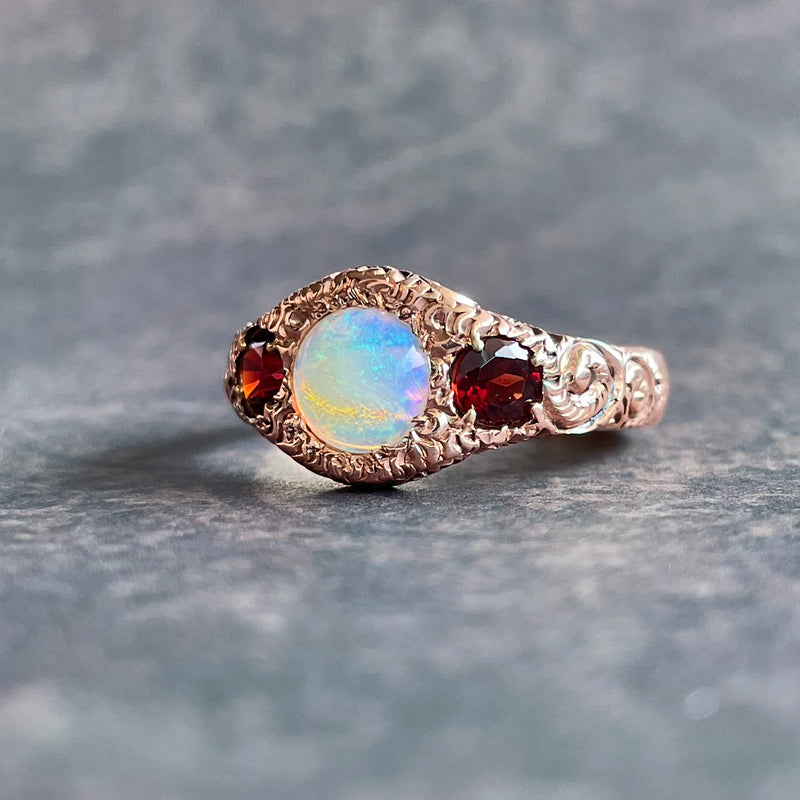 Estate 10K Rose Gold Victorian Opal & Garnet Ring – Size 10.5