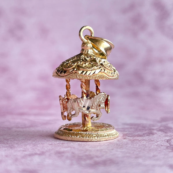 Estate 14K Tri-Color Gold Mechanical Carousel Charm/Pendant