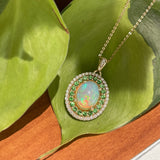 14K Yellow Gold 3.57ct Opal Necklace with .80ctw Tsavorite Garnets & .48ctw Diamonds – Custom Designed by Dempsey & Baxter