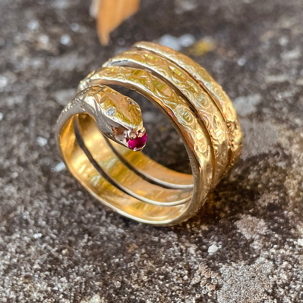 Estate 14K Yellow Gold Coiled Snake Ring with Synthetic Ruby & CZ Eyes