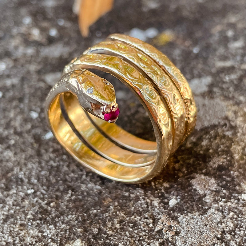 Estate 14K Yellow Gold Coiled Snake Ring with Synthetic Ruby & CZ Eyes