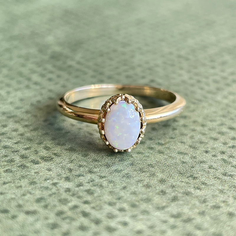 14K Yellow Gold .46ct Oval Cabochon Opal Crown Ring