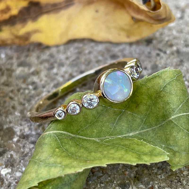 14K Yellow Gold Bezel-Set 5mm Round Opal Ring with 1/6ctw Diamond Accents