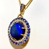 14K Yellow Gold One-of-a-Kind Black Opal Double Halo Necklace with 3.56ctw Tanzanites & 1.25ctw Diamonds – Custom Designed by Dempsey & Baxter Custom Design Studios