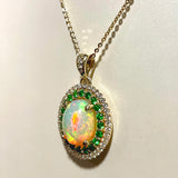 14K Yellow Gold 3.57ct Opal Necklace with .80ctw Tsavorite Garnets & .48ctw Diamonds – Custom Designed by Dempsey & Baxter