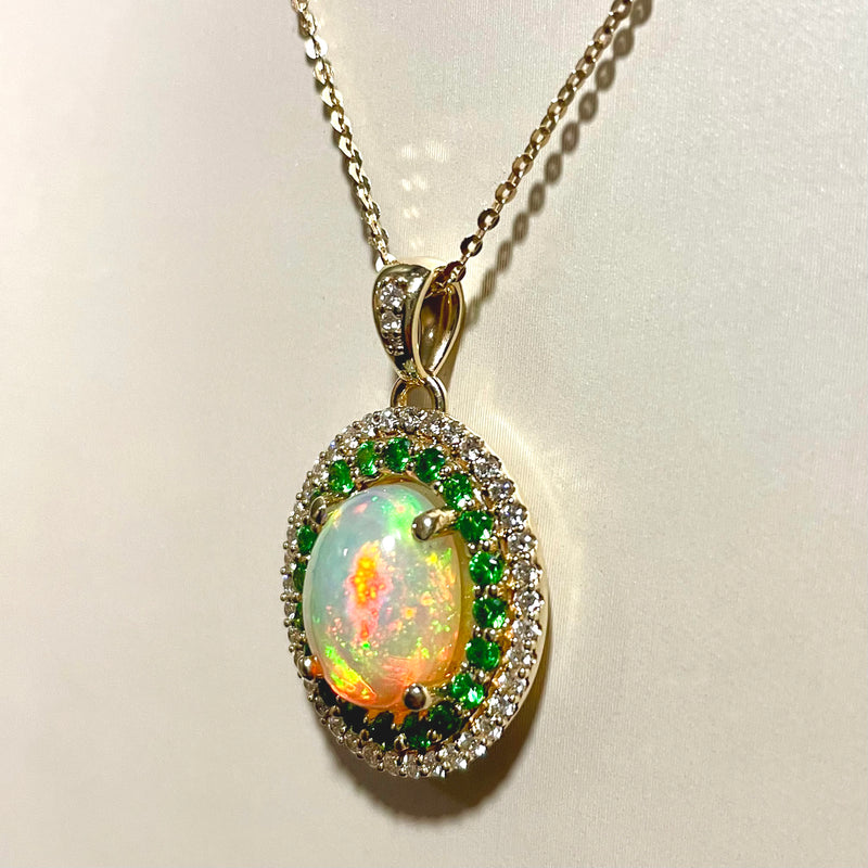 14K Yellow Gold 3.57ct Opal Necklace with .80ctw Tsavorite Garnets & .48ctw Diamonds – Custom Designed by Dempsey & Baxter
