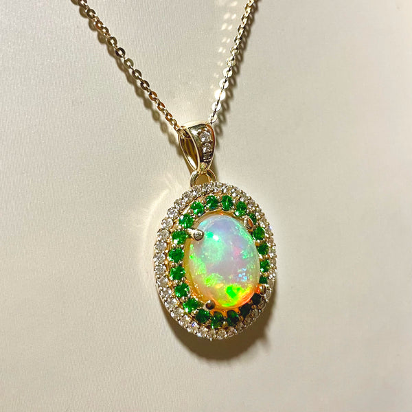 14K Yellow Gold 3.57ct Opal Necklace with .80ctw Tsavorite Garnets & .48ctw Diamonds – Custom Designed by Dempsey & Baxter