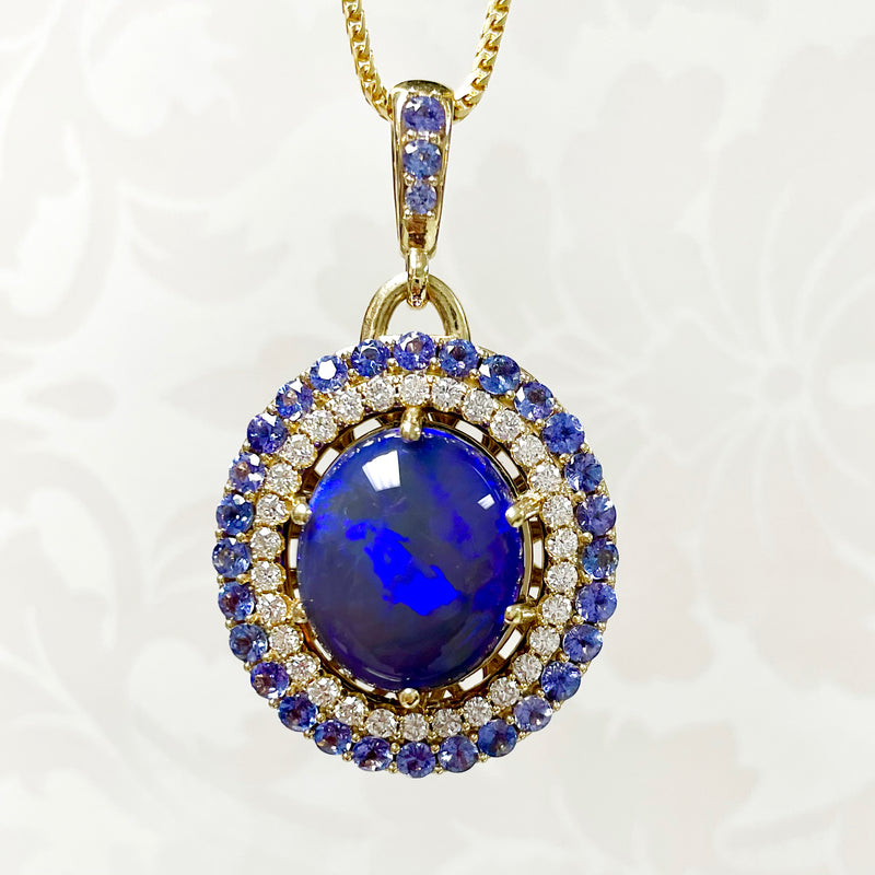 14K Yellow Gold One-of-a-Kind Black Opal Double Halo Necklace with 3.56ctw Tanzanites & 1.25ctw Diamonds – Custom Designed by Dempsey & Baxter Custom Design Studios