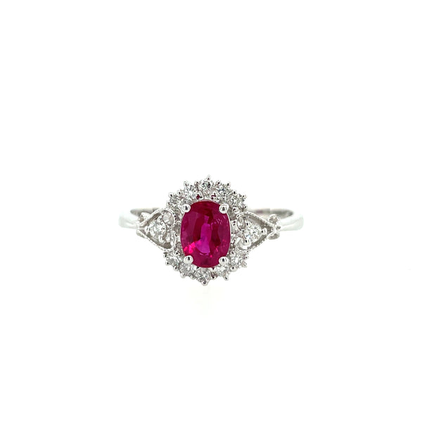 18K White Gold Oval Ruby and Diamond Half-Halo Ring