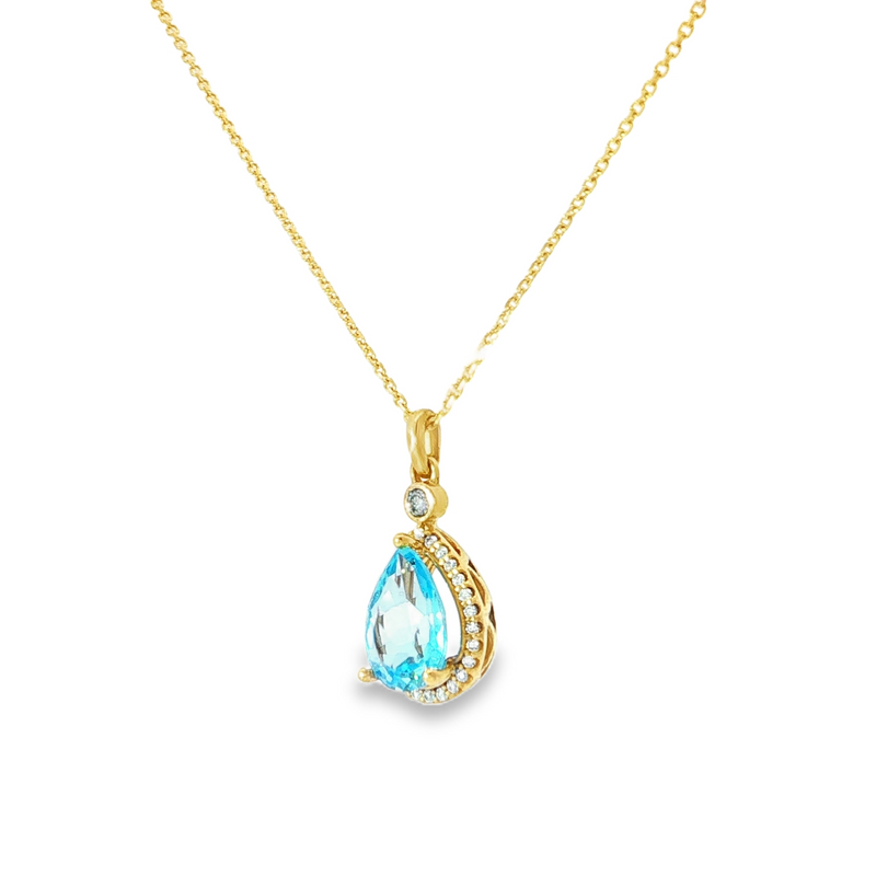 14k Yellow Gold Pear Swiss Blue Topaz and Diamond Halo Pendant
