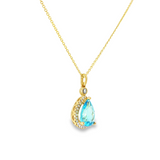 14k Yellow Gold Pear Swiss Blue Topaz and Diamond Halo Pendant