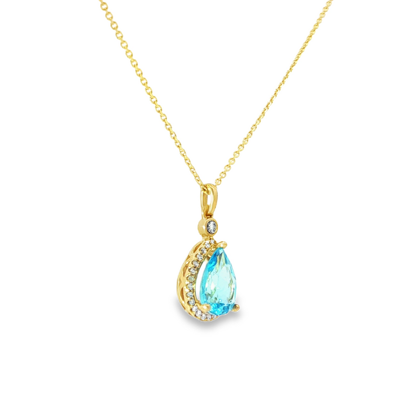 14k Yellow Gold Pear Swiss Blue Topaz and Diamond Halo Pendant