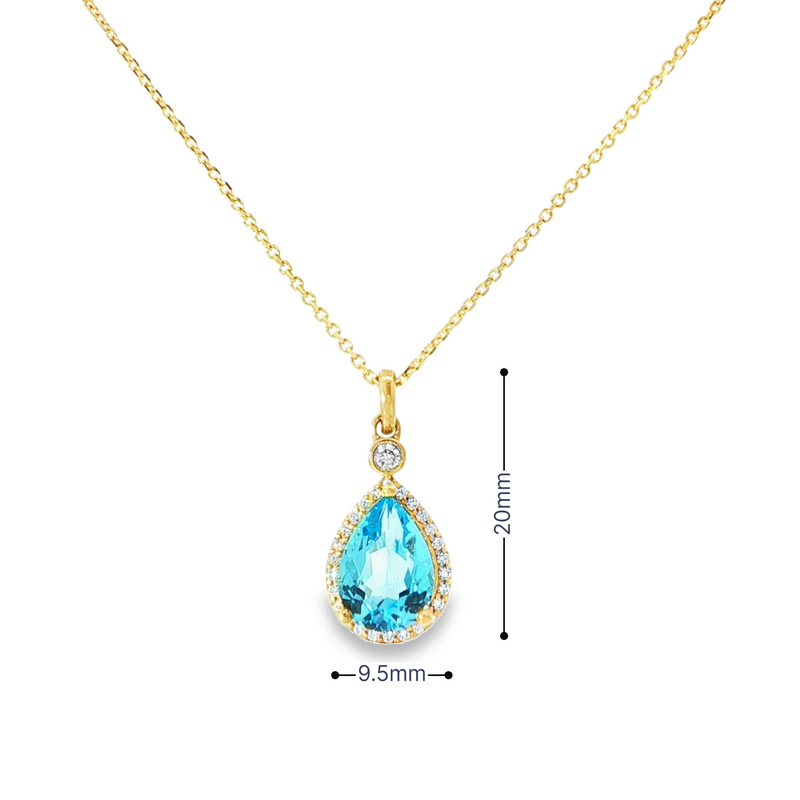 14k Yellow Gold Pear Swiss Blue Topaz and Diamond Halo Pendant