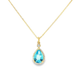14k Yellow Gold Pear Swiss Blue Topaz and Diamond Halo Pendant
