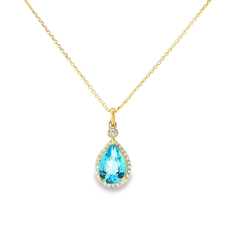 14k Yellow Gold Pear Swiss Blue Topaz and Diamond Halo Pendant