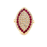 Estate 14K Yellow Gold Navette Diamond Cluster Ring with Ruby Halo