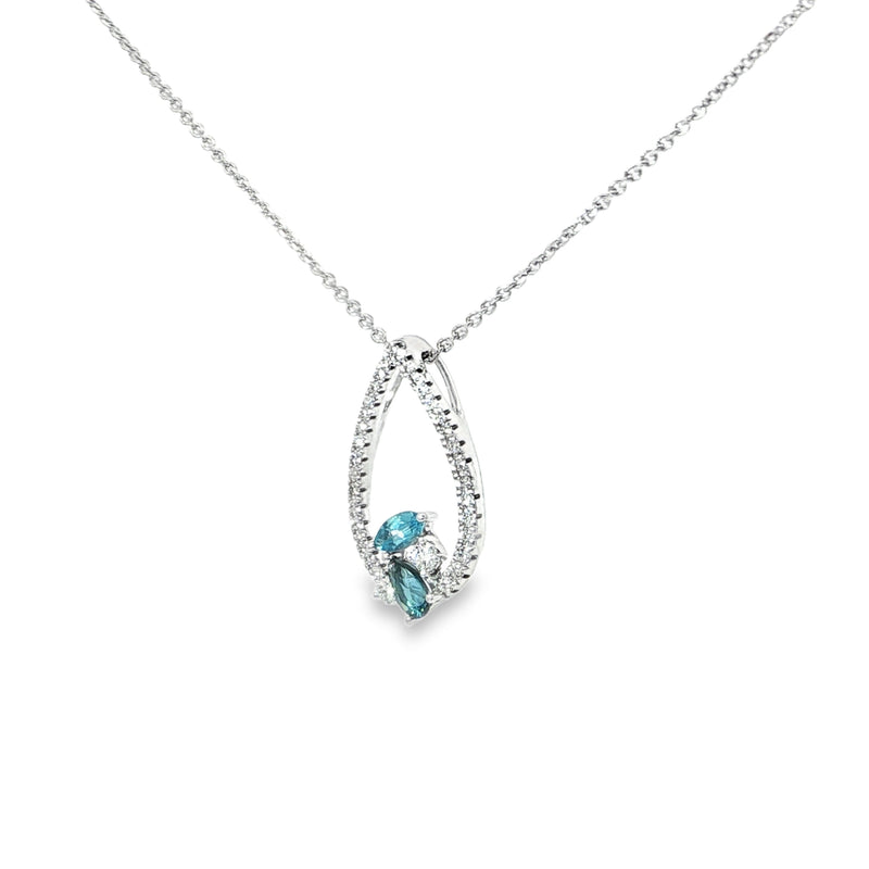 14k White Gold Pear-Shaped Blue Topaz and Diamond Pendant