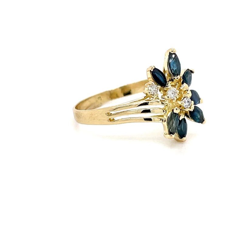 ESTATE 14K YELLOW GOLD RING WITH MARQUISE SHAPED BLUE SAPPHIRES AND DIAMONDS