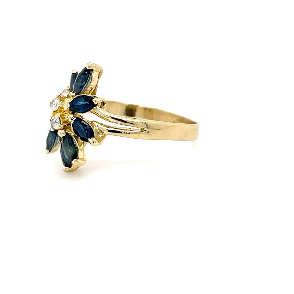 ESTATE 14K YELLOW GOLD RING WITH MARQUISE SHAPED BLUE SAPPHIRES AND DIAMONDS