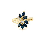 ESTATE 14K YELLOW GOLD RING WITH MARQUISE SHAPED BLUE SAPPHIRES AND DIAMONDS