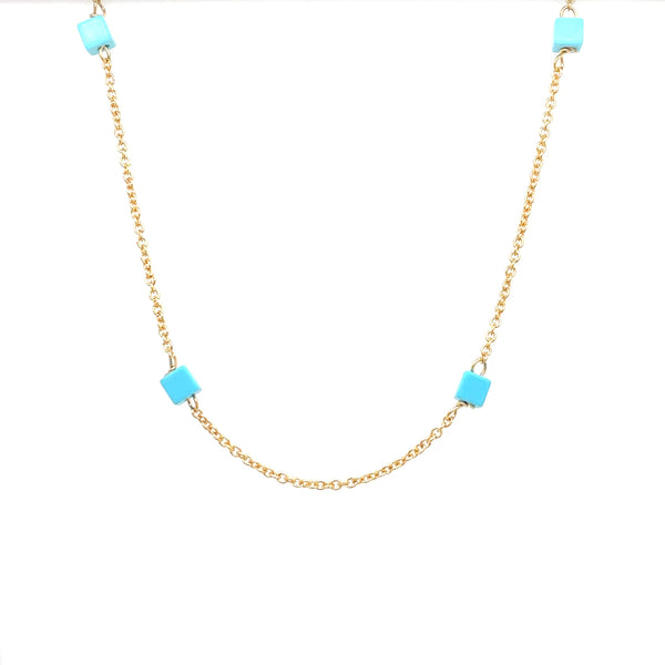 Estate 14K Yellow Gold Turquoise Cube Station Necklace – 17”