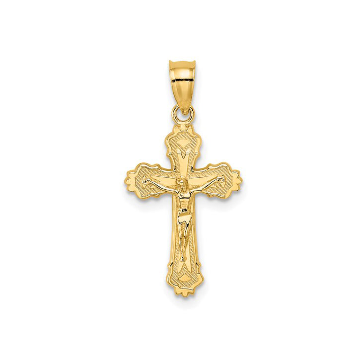 14K Yellow Gold Textured Crucifix Pendant with Scalloped Edge