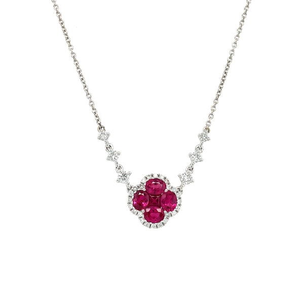 14K White Gold Ruby and Diamond Floral Pendant Necklace
