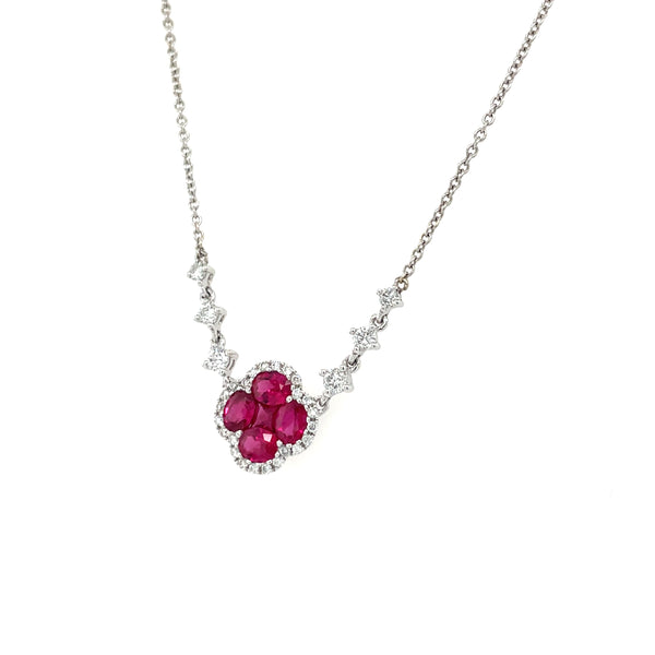 14K White Gold Ruby and Diamond Floral Pendant Necklace