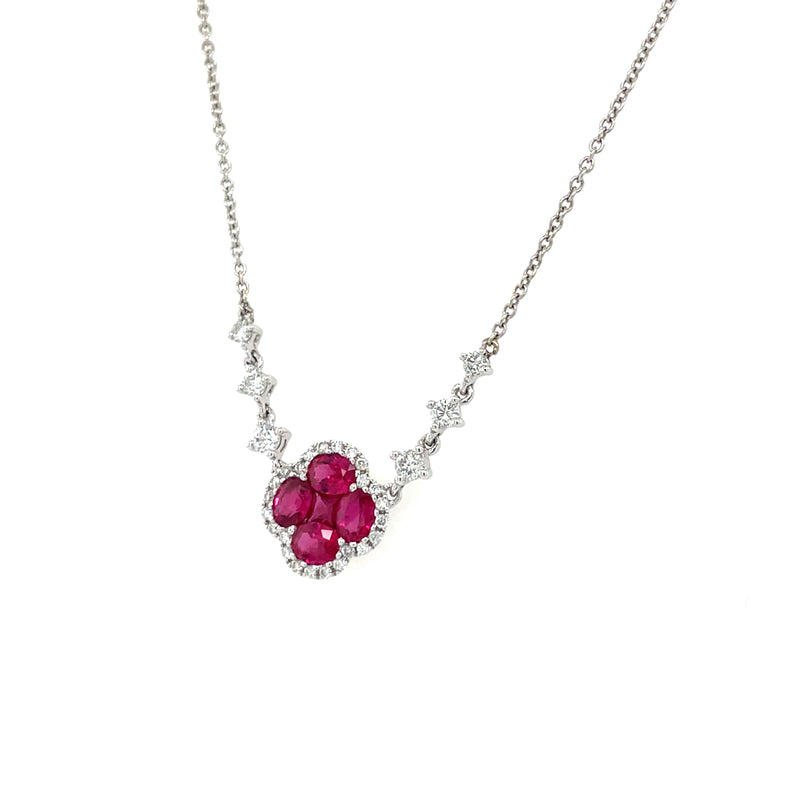 14K White Gold Ruby and Diamond Floral Pendant Necklace
