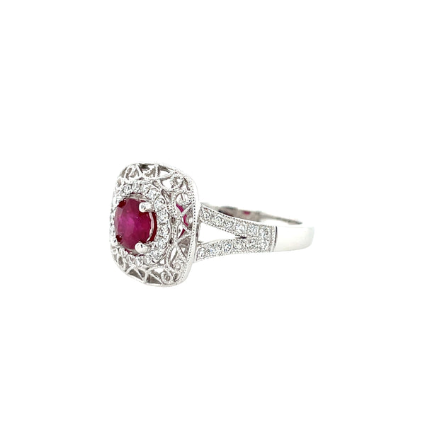14K White Gold Cushion Filigree Halo Ruby and Diamond Ring
