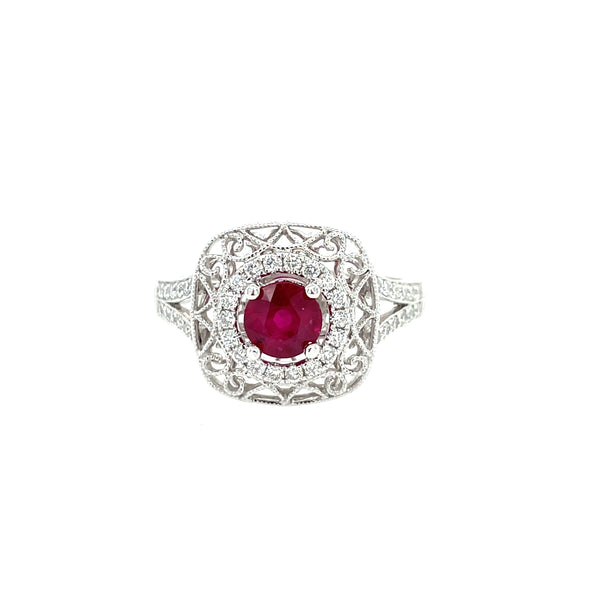 14K White Gold Cushion Filigree Halo Ruby and Diamond Ring
