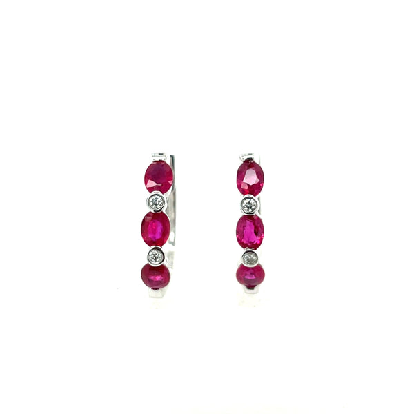 14K White Gold Ruby and Diamond Oval Hoop Earrings