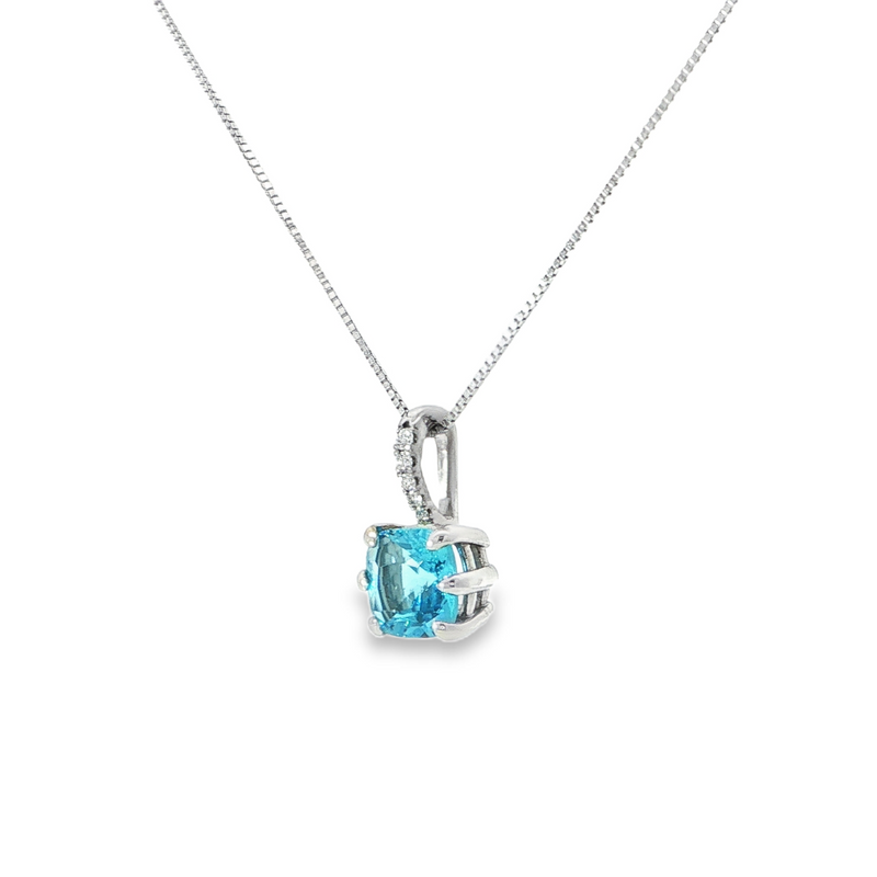 14k White Gold Square Cushion Cut Blue Topaz and Diamond Pendant