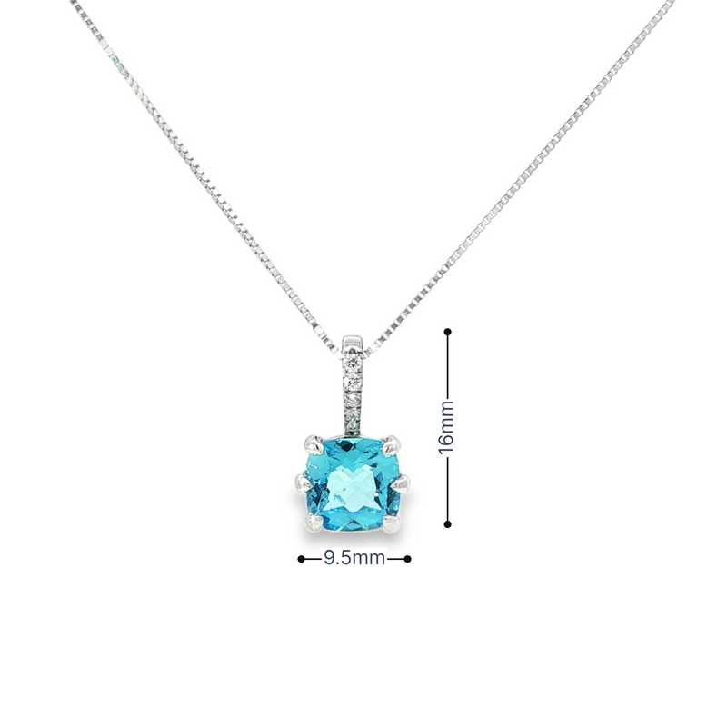 14k White Gold Square Cushion Cut Blue Topaz and Diamond Pendant