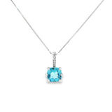 14k White Gold Square Cushion Cut Blue Topaz and Diamond Pendant