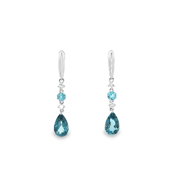 14k White Gold London Blue Topaz and Diamond Drop Earrings