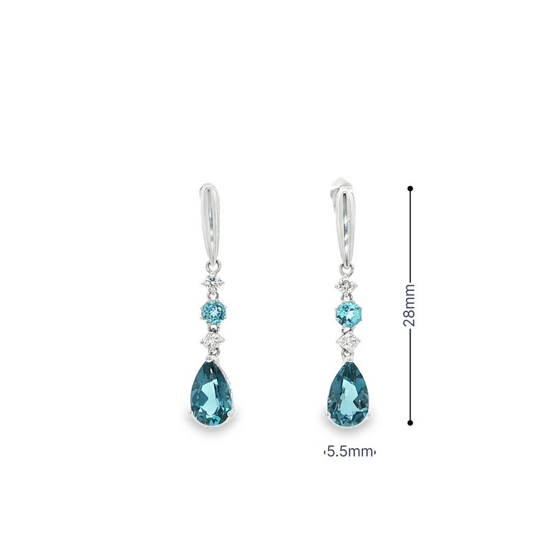 14k White Gold London Blue Topaz and Diamond Drop Earrings