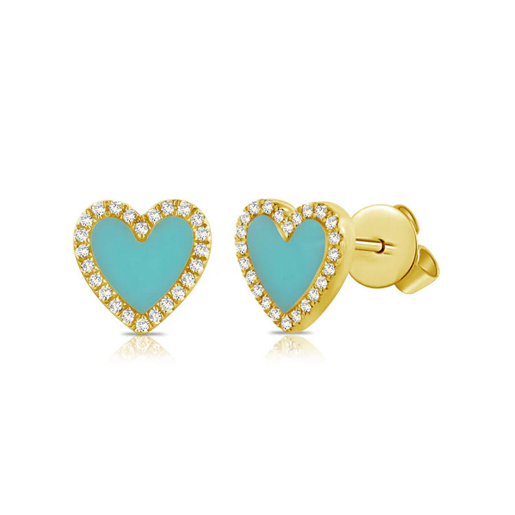 14k Yellow Gold Turquoise Heart and Diamond Stud Earrings