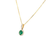 14K Yellow Gold Oval Emerald and Diamond Halo Necklace